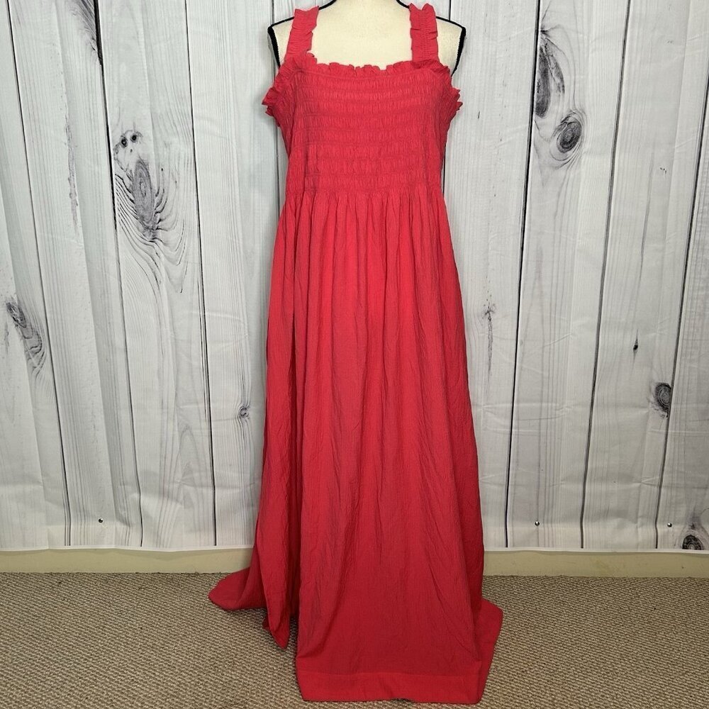 Calvin Klein Sz 18W Coral Pink Sleeveless Maxi Smocked Bodice Gauzy Sundress